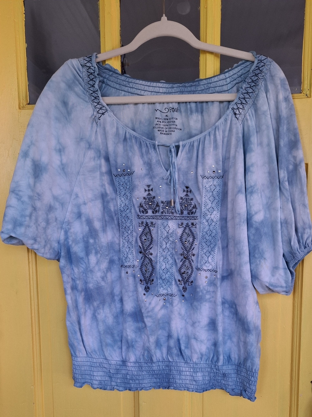Blue Tie-Dye Embroidered Women's Peasant Top